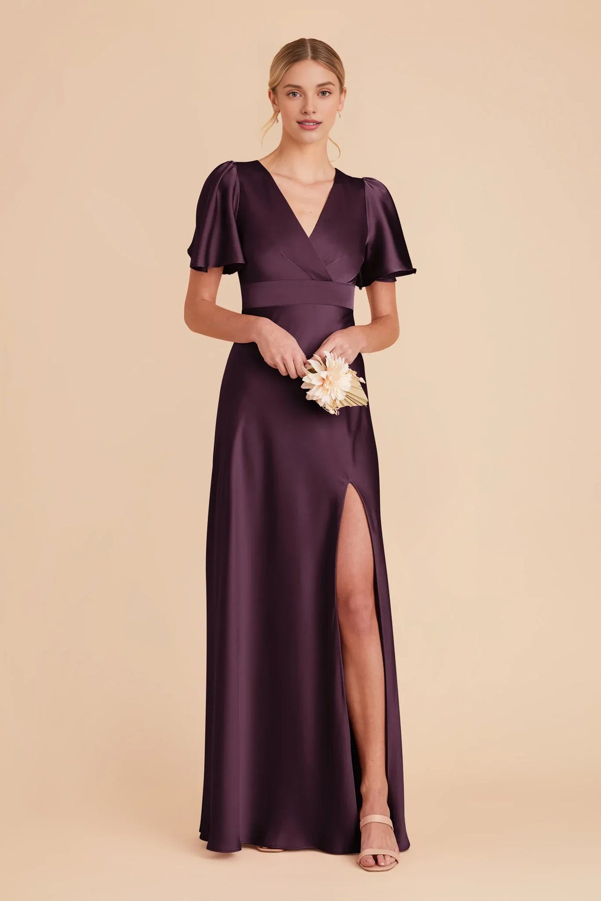 A-Line V-Neck Satin High Slit Floor-Length Wedding Dress - Chloe Dress