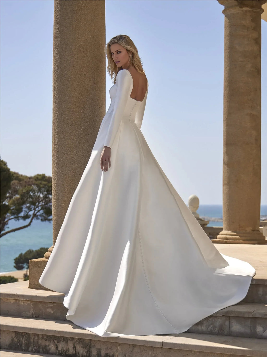 White A-Line Square Neck Long Sleeve Wedding Gown - Chloe Dress