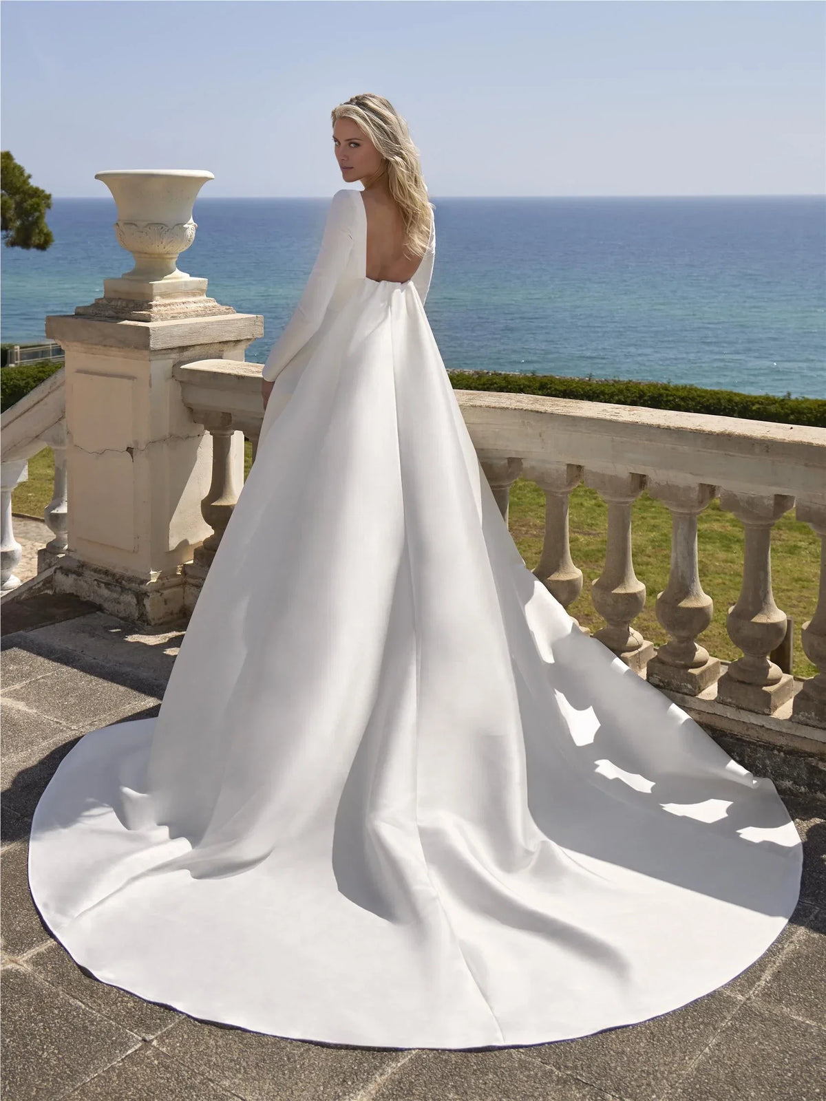 White A-Line Square Neck Long Sleeve Wedding Gown - Chloe Dress