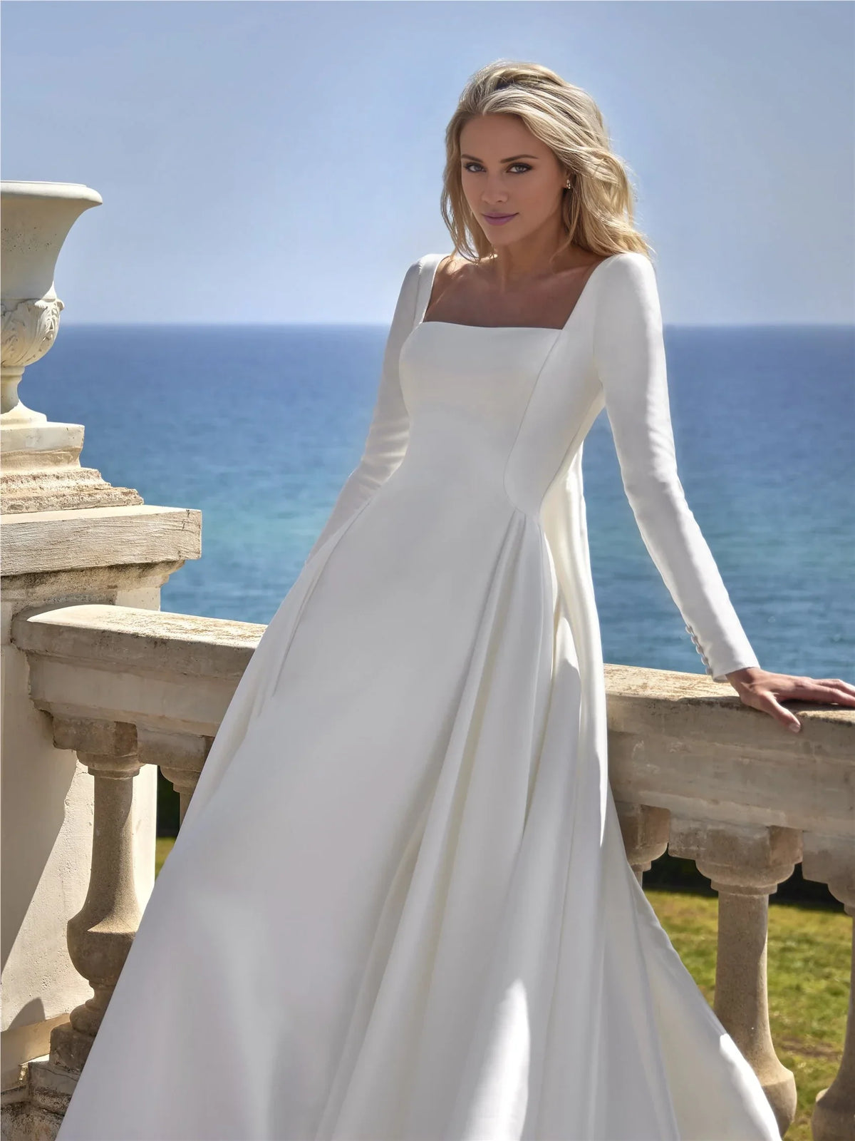 White A-Line Square Neck Long Sleeve Wedding Gown - Chloe Dress