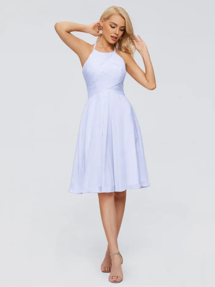 A-Line Halter Chiffon Sleeveless Pleated Knee-Length Wedding Dress - Chloe Dress