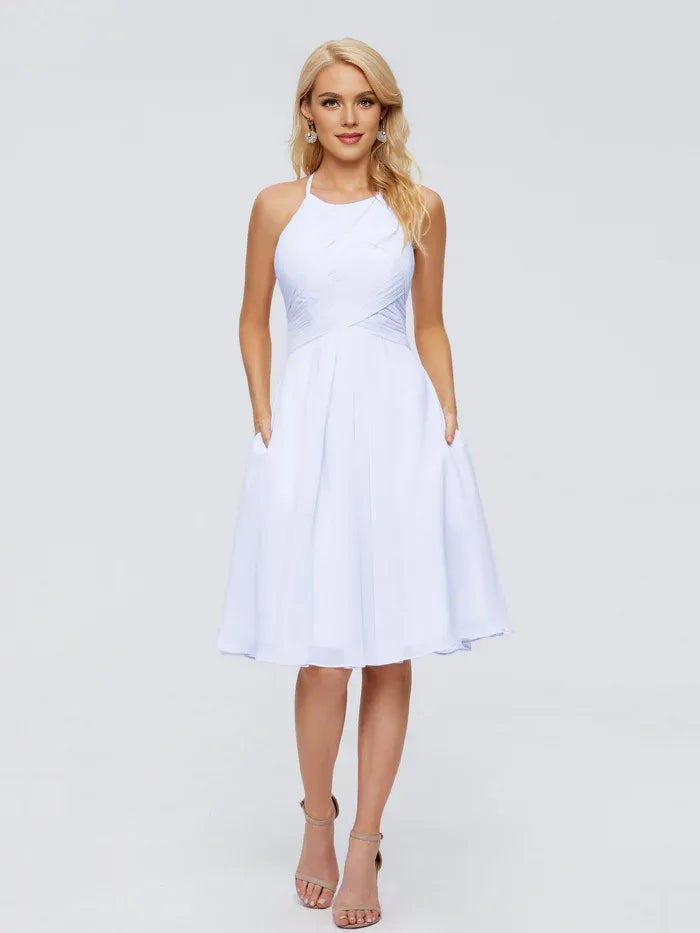 A-Line Halter Chiffon Sleeveless Pleated Knee-Length Wedding Dress - Chloe Dress