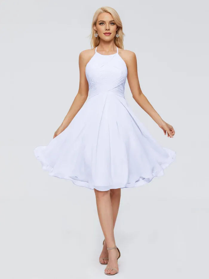 A-Line Halter Chiffon Sleeveless Pleated Knee-Length Wedding Dress - Chloe Dress