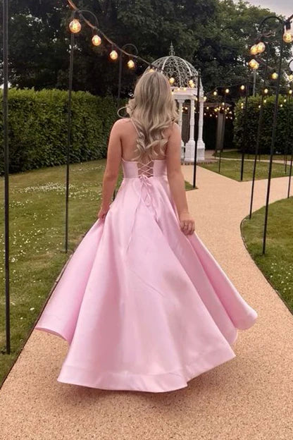 A-Line Halter Lace Sleeveless Lace-Up Back Floor-Length Evening Dress - Chloe Dress