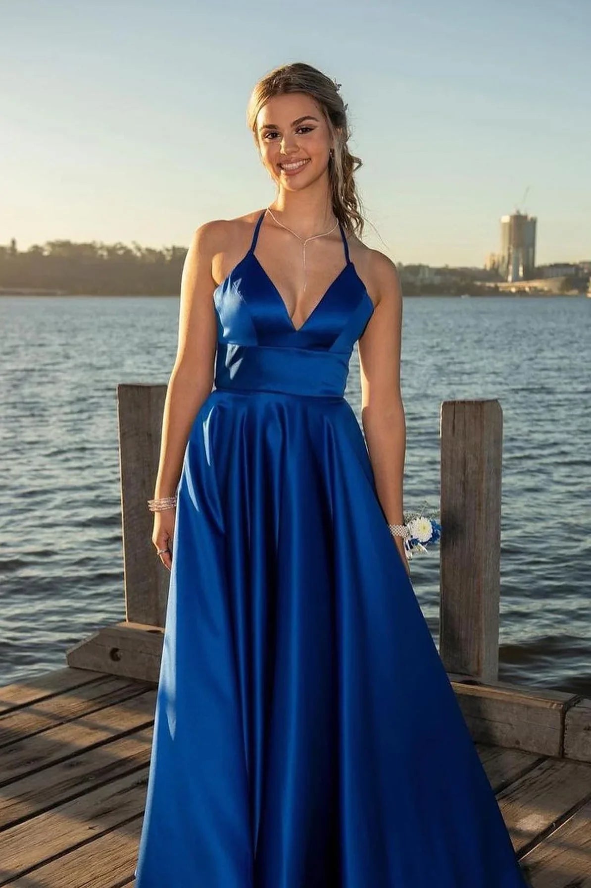 A-Line Halter Lace Sleeveless Lace-Up Back Floor-Length Evening Dress - Chloe Dress