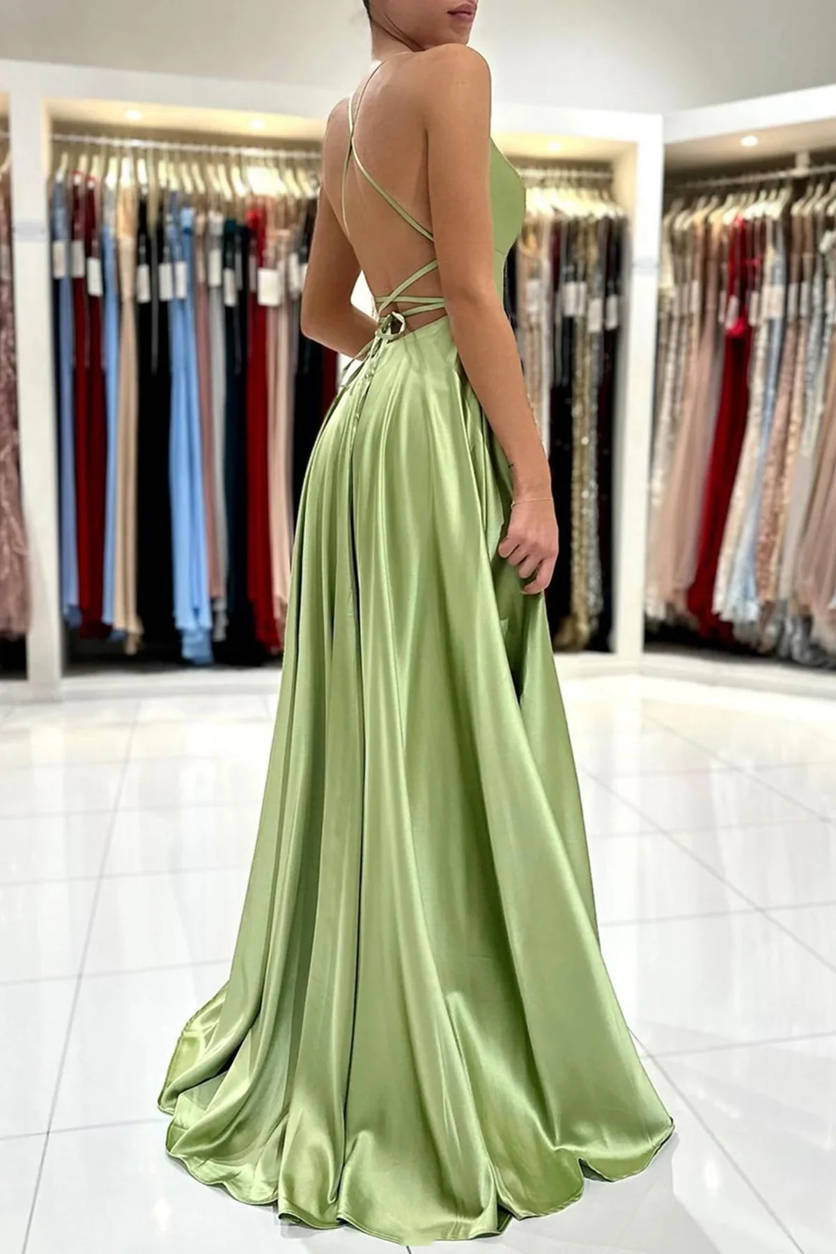 A-Line Spaghetti Strap Lace Lace-Up Back High Slit Floor-Length Evening Dress - Chloe Dress
