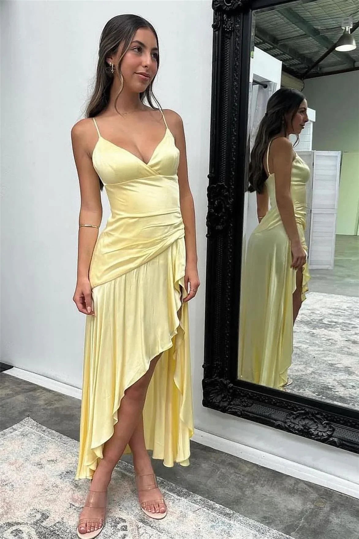 V-Neck Satin Asymmetric Evening Dress - Chloe Dress