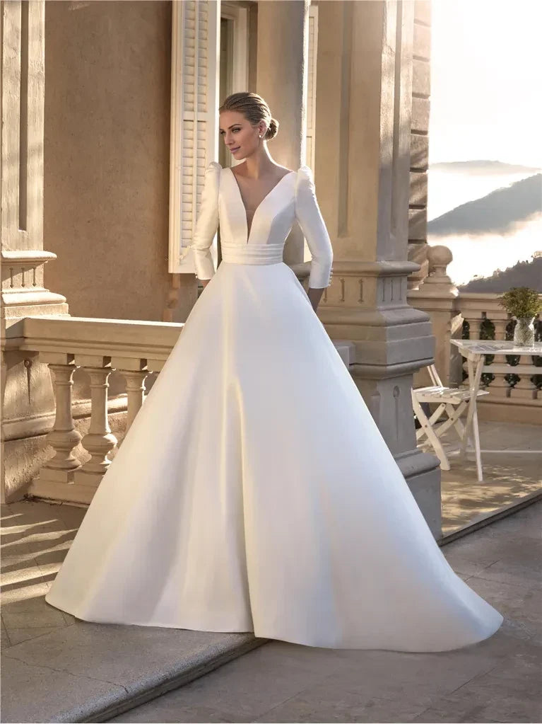 Ball Gown V-Neck Three-Quarter Sleeve Open Back Floor-Length Wedding Gown - Chloe Dress