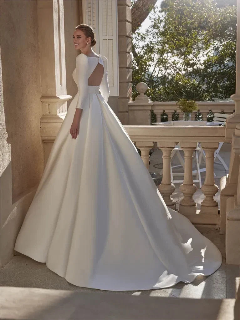 Ball Gown V-Neck Three-Quarter Sleeve Open Back Floor-Length Wedding Gown - Chloe Dress