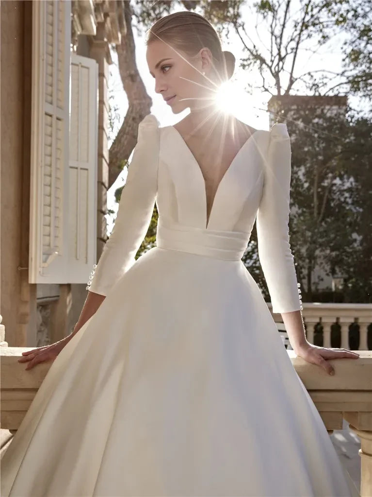 Ball Gown V-Neck Three-Quarter Sleeve Open Back Floor-Length Wedding Gown - Chloe Dress