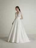 Ball Gown V-Neck Lace Long Sleeve Open Back Floor-Length Wedding Gown - Chloe Dress