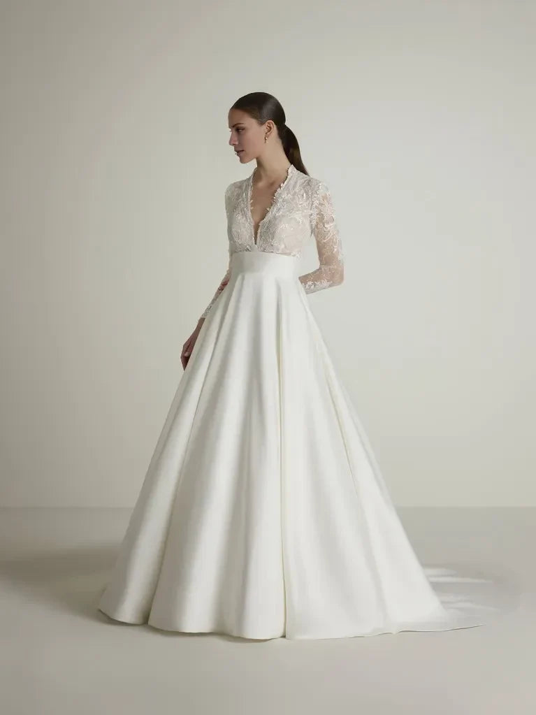 Ball Gown V-Neck Lace Long Sleeve Open Back Floor-Length Wedding Gown - Chloe Dress