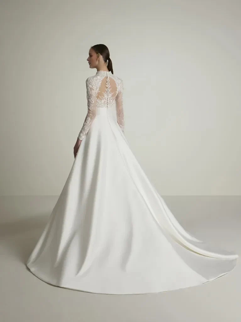 Ball Gown V-Neck Lace Long Sleeve Open Back Floor-Length Wedding Gown - Chloe Dress