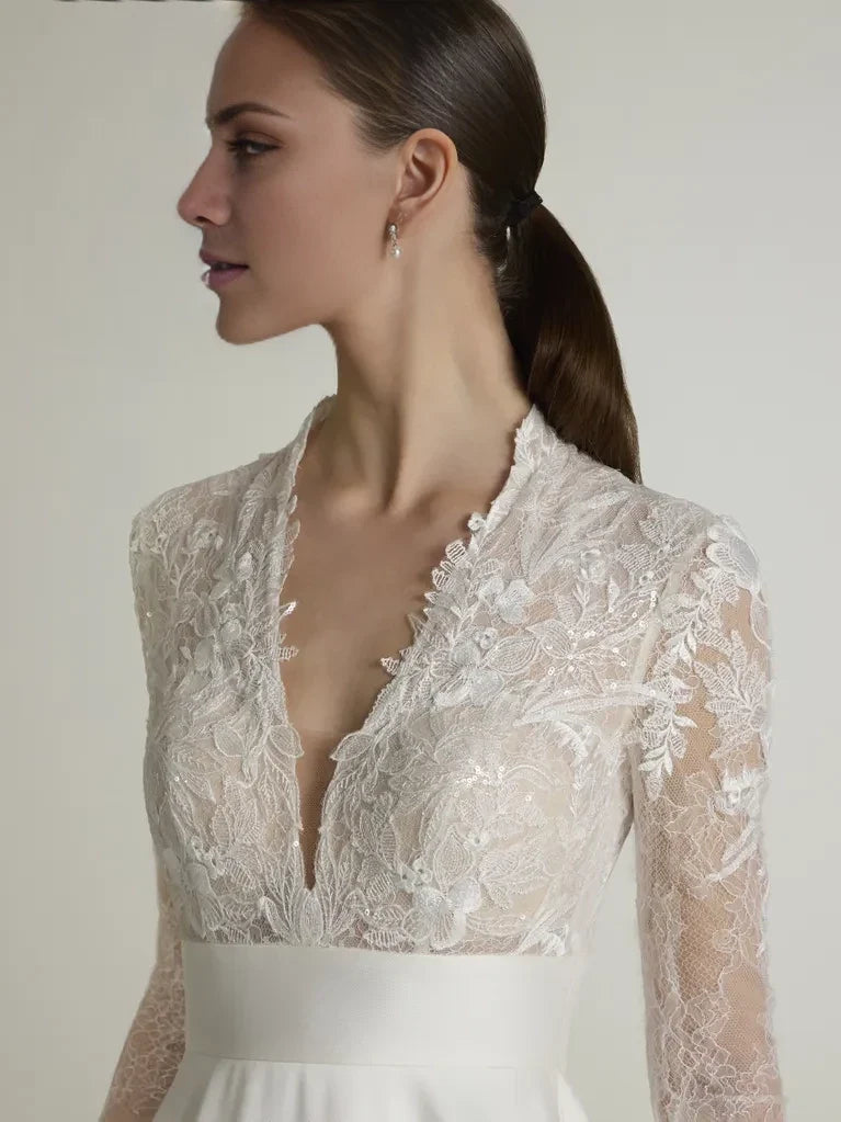 Ball Gown V-Neck Lace Long Sleeve Open Back Floor-Length Wedding Gown - Chloe Dress