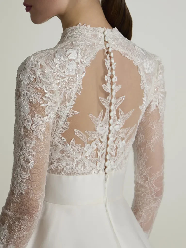 Ball Gown V-Neck Lace Long Sleeve Open Back Floor-Length Wedding Gown - Chloe Dress