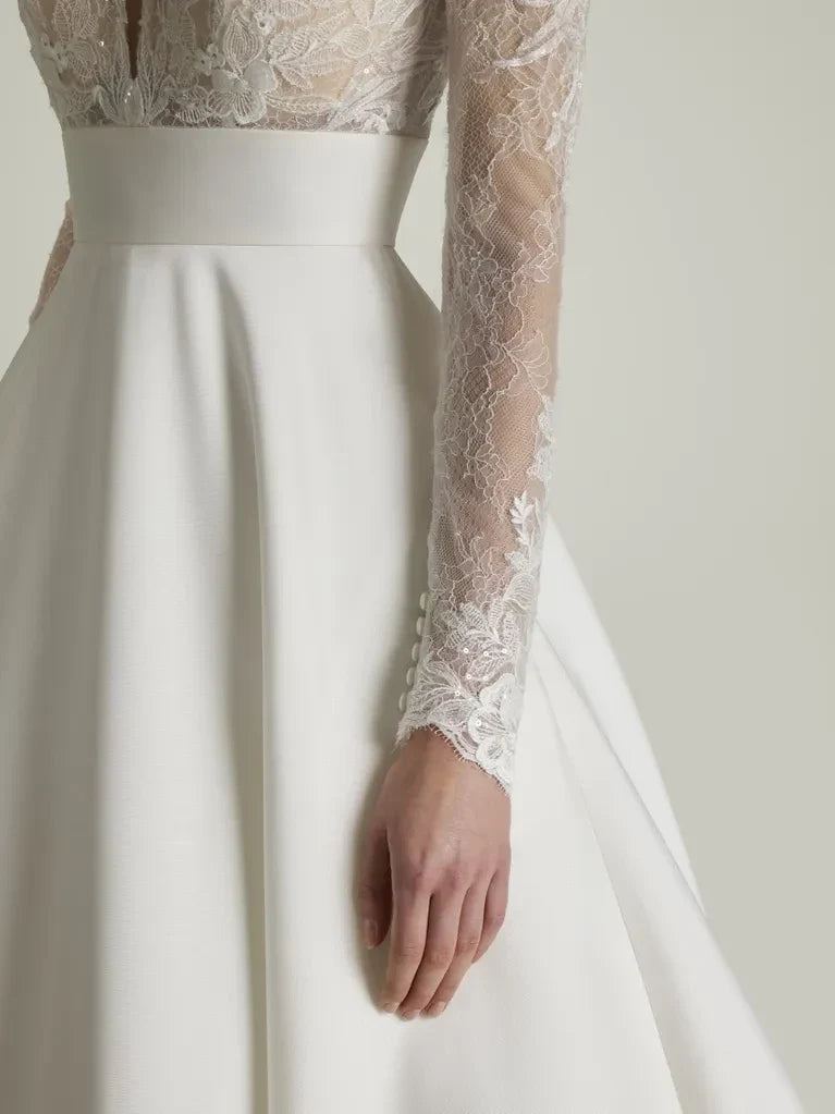 Ball Gown V-Neck Lace Long Sleeve Open Back Floor-Length Wedding Gown - Chloe Dress