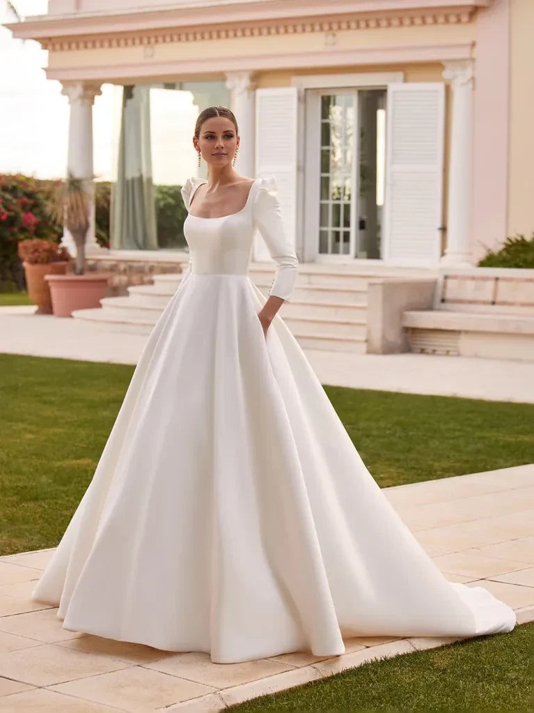 Ball Gown Square Neck Puff Sleeve Open Back Floor-Length Wedding Gown - Chloe Dress