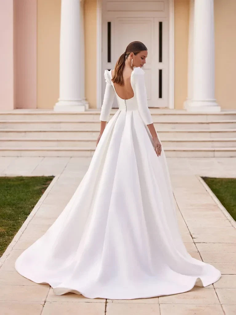 Ball Gown Square Neck Puff Sleeve Open Back Floor-Length Wedding Gown - Chloe Dress