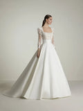 Ball Gown Square Neck Lace Three-Quarter Sleeve Open Back Floor-Length Wedding Gown - Chloe Dress