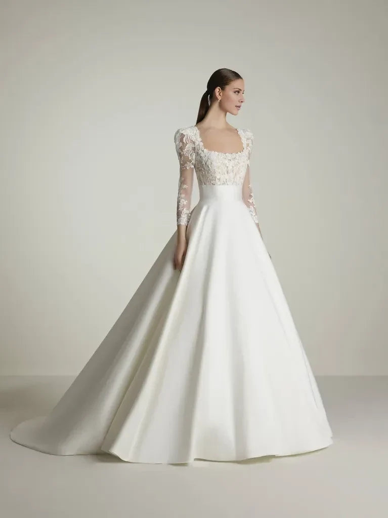 Ball Gown Square Neck Lace Three-Quarter Sleeve Open Back Floor-Length Wedding Gown - Chloe Dress
