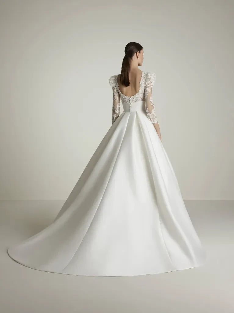 Ball Gown Square Neck Lace Three-Quarter Sleeve Open Back Floor-Length Wedding Gown - Chloe Dress