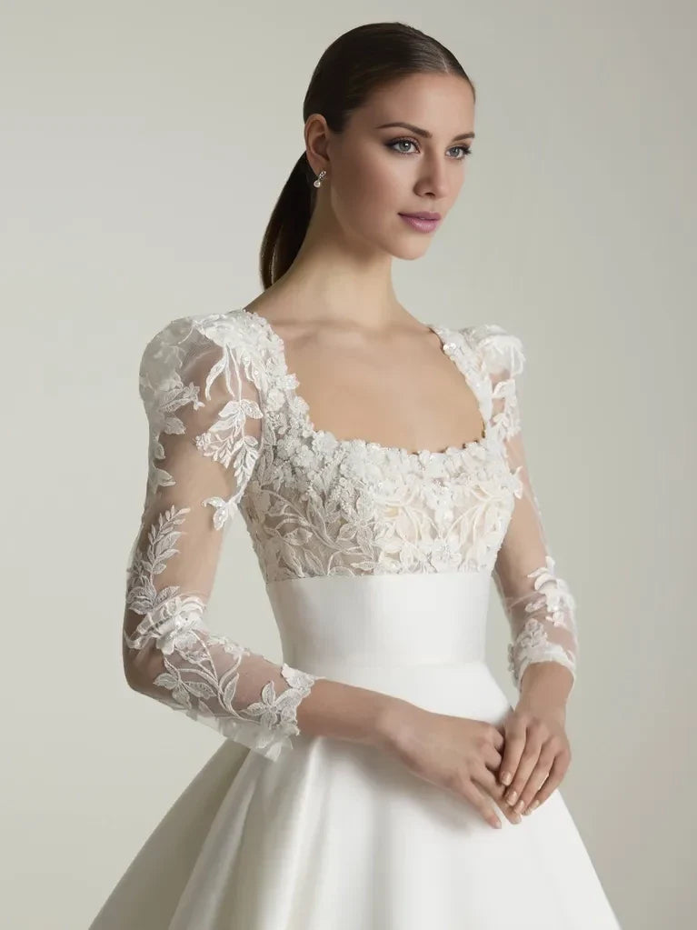 Ball Gown Square Neck Lace Three-Quarter Sleeve Open Back Floor-Length Wedding Gown - Chloe Dress
