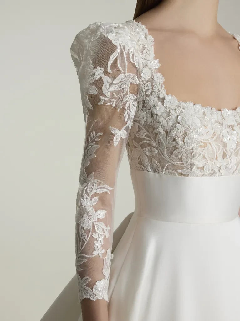 Ball Gown Square Neck Lace Three-Quarter Sleeve Open Back Floor-Length Wedding Gown - Chloe Dress