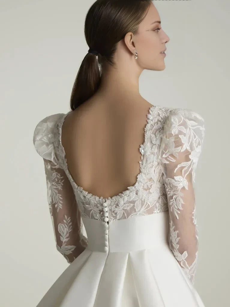 Ball Gown Square Neck Lace Three-Quarter Sleeve Open Back Floor-Length Wedding Gown - Chloe Dress
