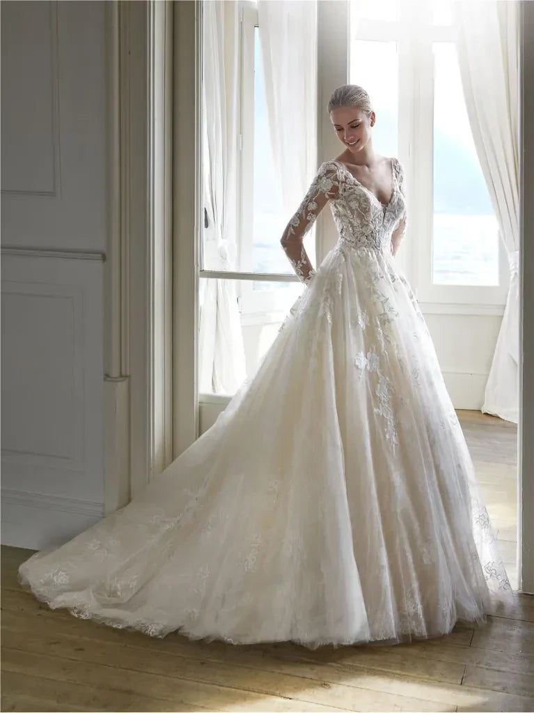 Ball Gown V-Neck Long Sleeve Open Back Floor-Length Wedding Gown - Chloe Dress