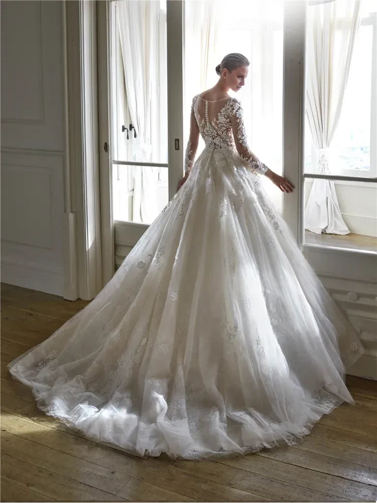 Ball Gown V-Neck Long Sleeve Open Back Floor-Length Wedding Gown - Chloe Dress
