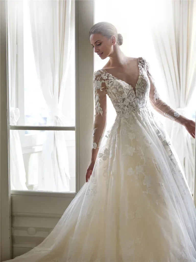 Ball Gown V-Neck Long Sleeve Open Back Floor-Length Wedding Gown - Chloe Dress