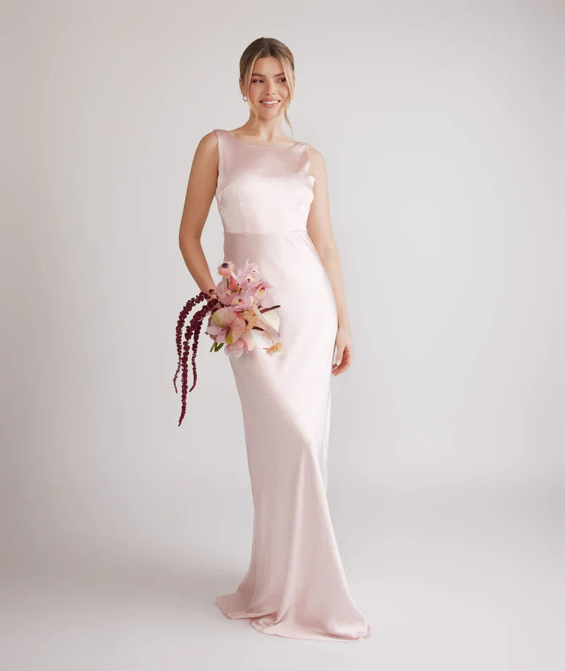 Blush Pink Bodycon Satin Sleeveless Open Back Floor-Length Wedding Dress - Chloe Dress