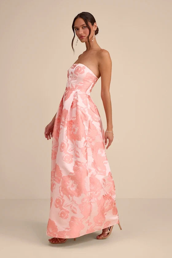 Blush Pink A-Line Strapless Satin Lace-Up Back Floor-Length Prom Dress - Chloe Dress