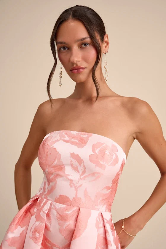 Blush Pink A-Line Strapless Satin Lace-Up Back Floor-Length Prom Dress - Chloe Dress