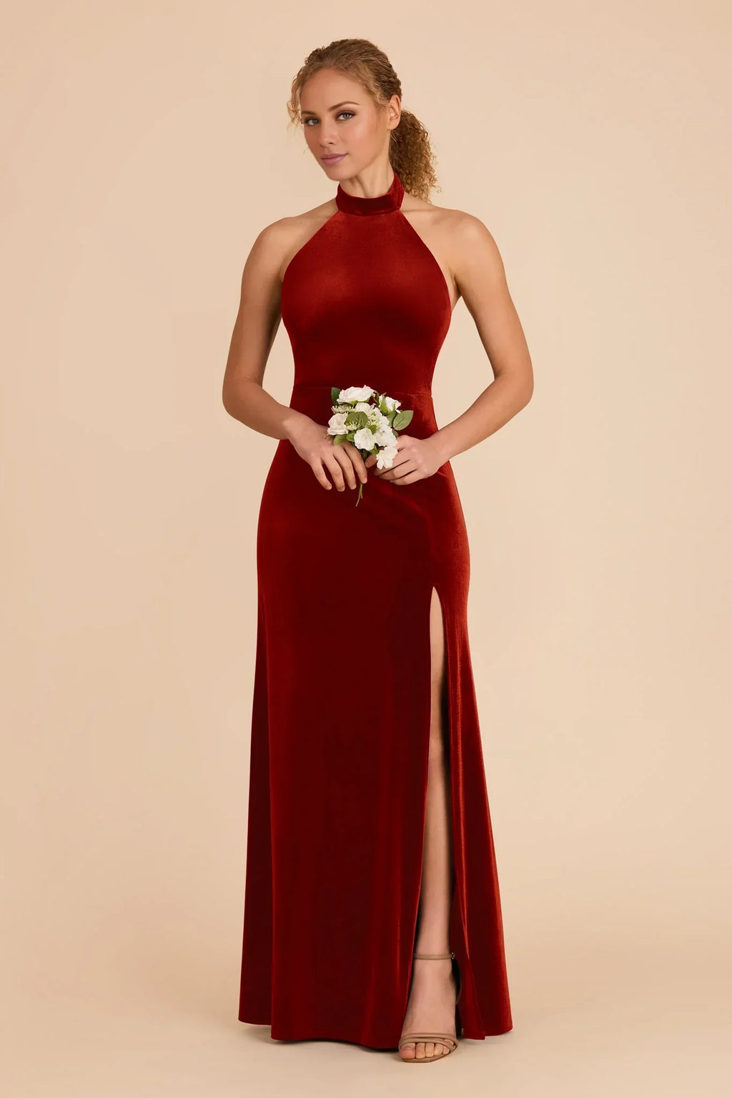 Orange Halter Velvet Open Back High Slit Floor-Length Wedding Dress - Chloe Dress