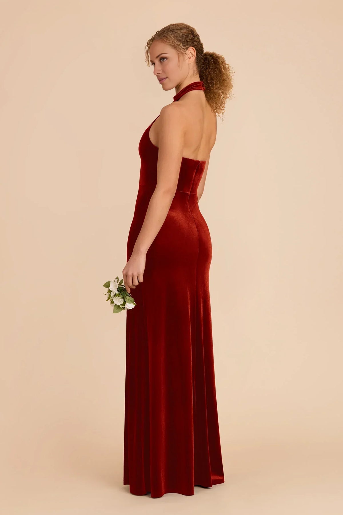 Orange Halter Velvet Open Back High Slit Floor-Length Wedding Dress - Chloe Dress