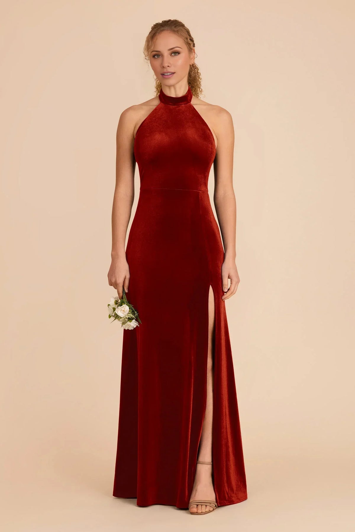 Orange Halter Velvet Open Back High Slit Floor-Length Wedding Dress - Chloe Dress