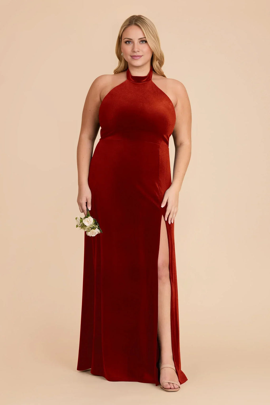 Orange Halter Velvet Open Back High Slit Floor-Length Wedding Dress - Chloe Dress