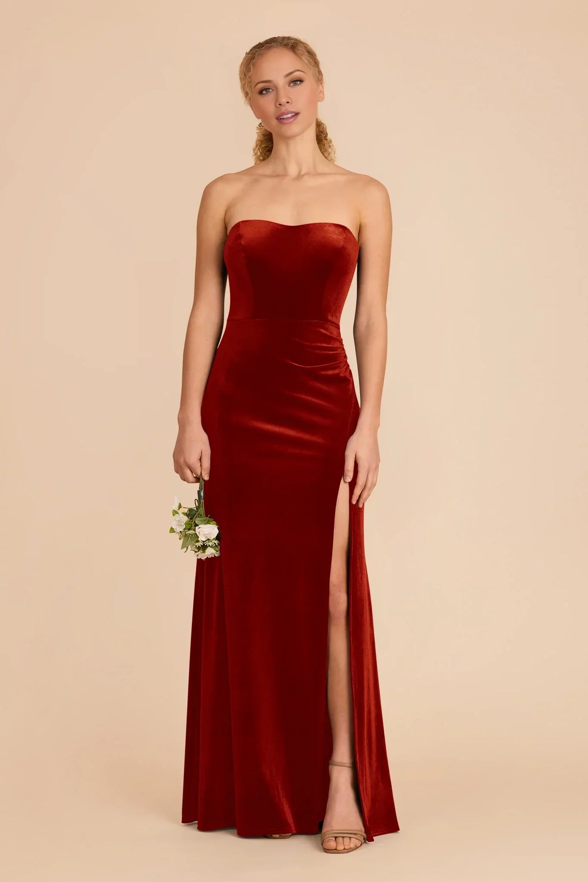 Orange Strapless Velvet High Slit Floor-Length Wedding Dress - Chloe Dress