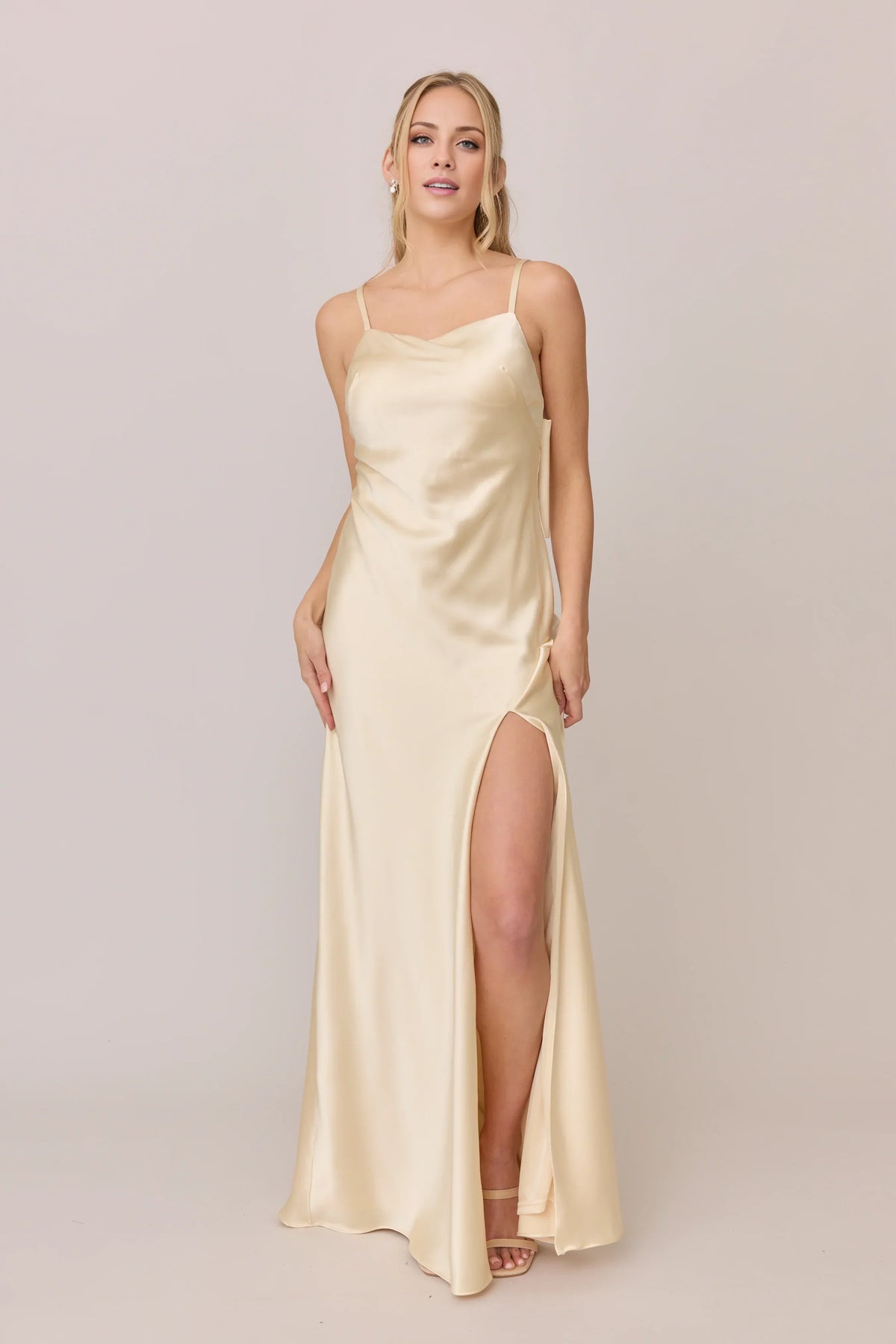 Champagne Spaghetti Strap Satin Wedding Gown - Chloe Dress