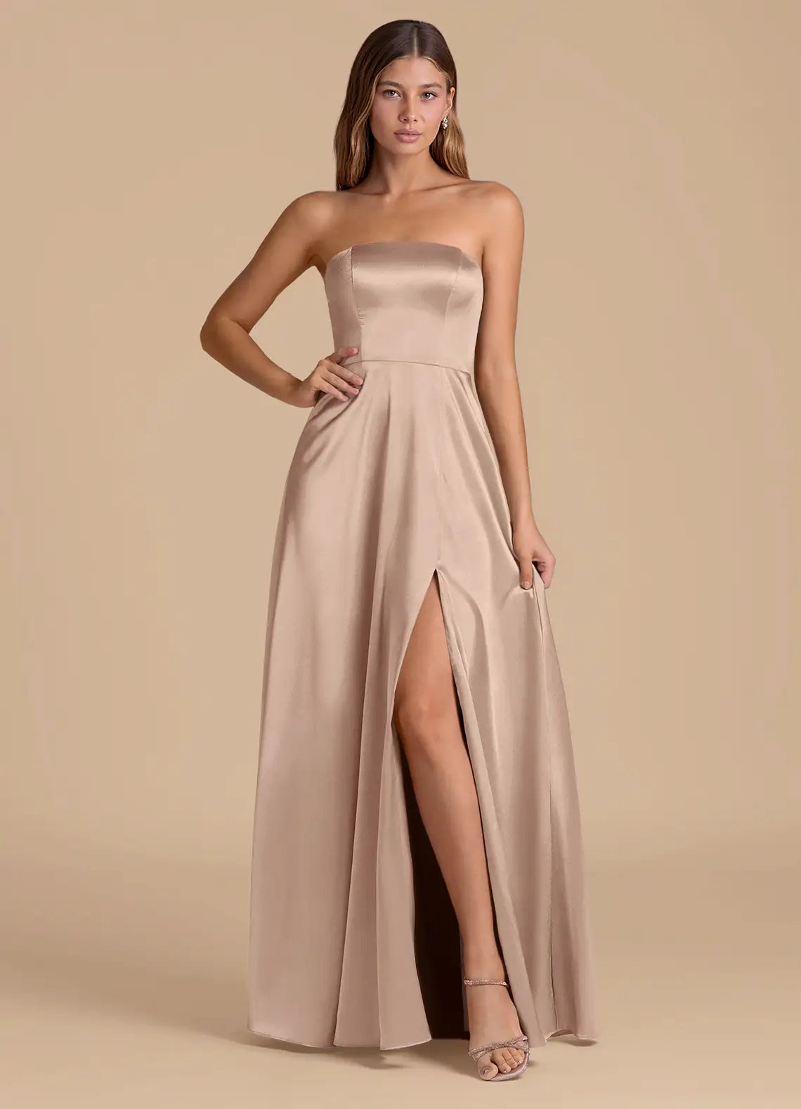 Champagne A-Line Strapless Satin High Slit Wedding Dress - Chloe Dress