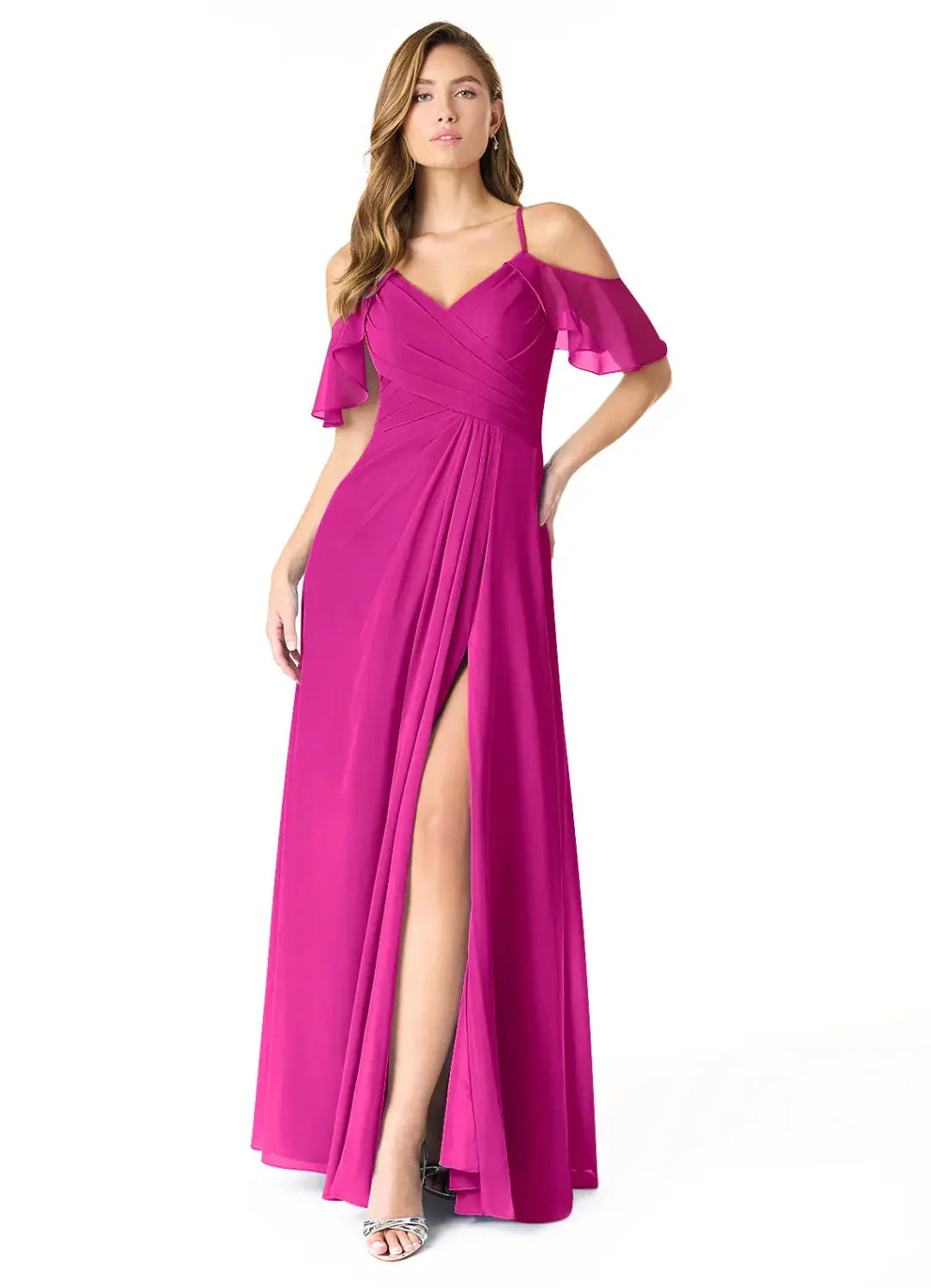 A-Line V-Neck Chiffon Cold Shoulder High Slit Floor-Length Wedding Dress - Chloe Dress