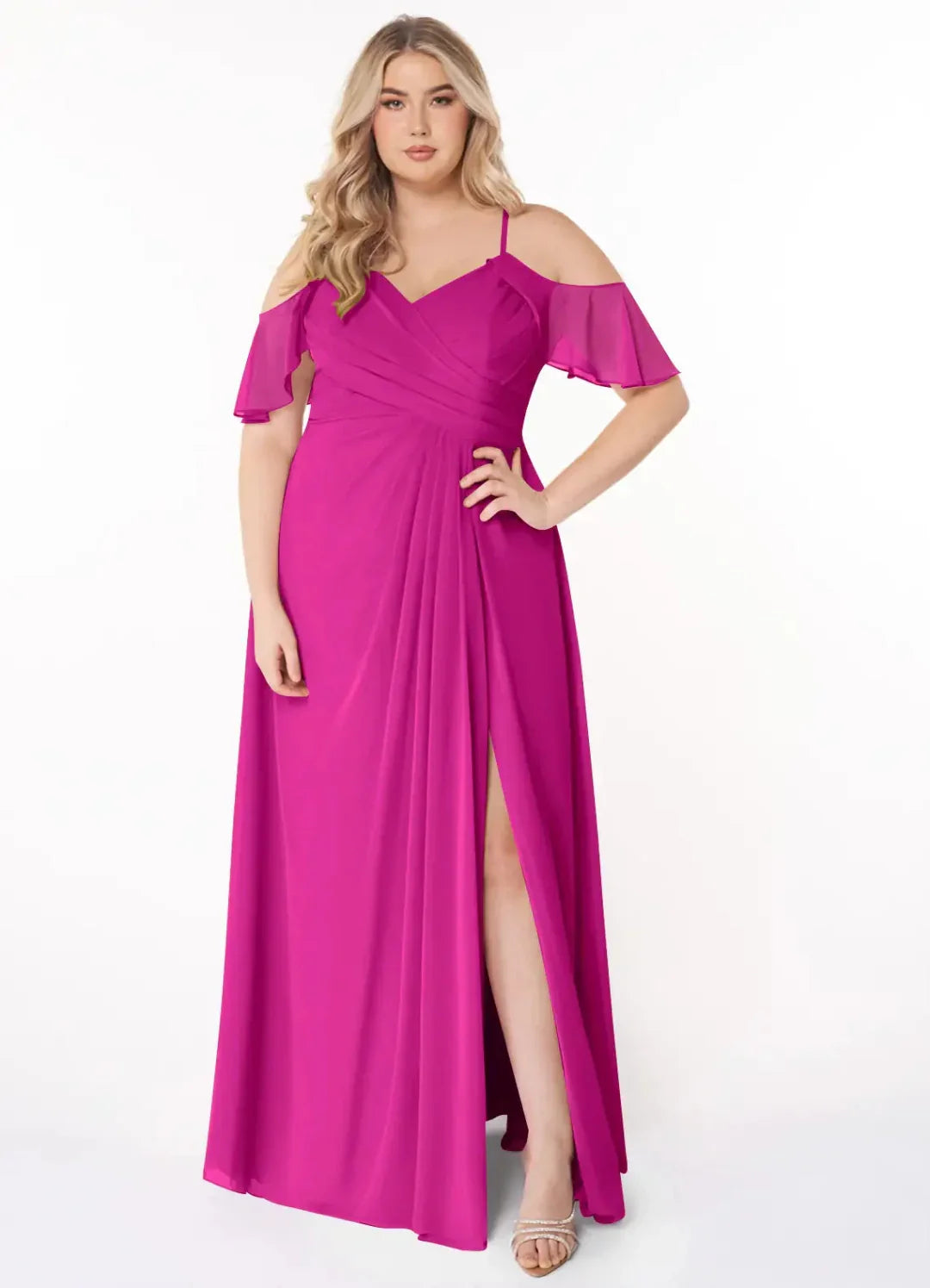 A-Line V-Neck Chiffon Cold Shoulder High Slit Floor-Length Wedding Dress - Chloe Dress