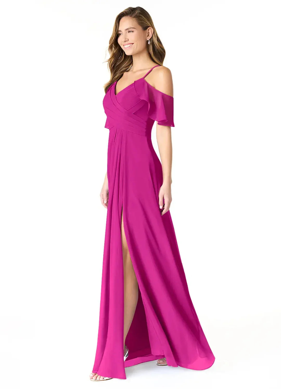 A-Line V-Neck Chiffon Cold Shoulder High Slit Floor-Length Wedding Dress - Chloe Dress