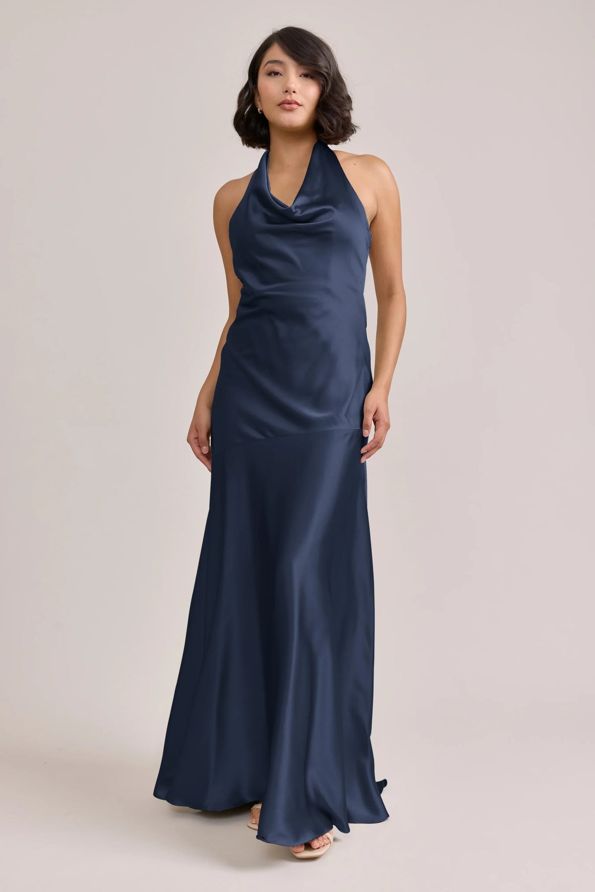 Navy Blue Mermaid Halter Satin Wedding Dress - Chloe Dress