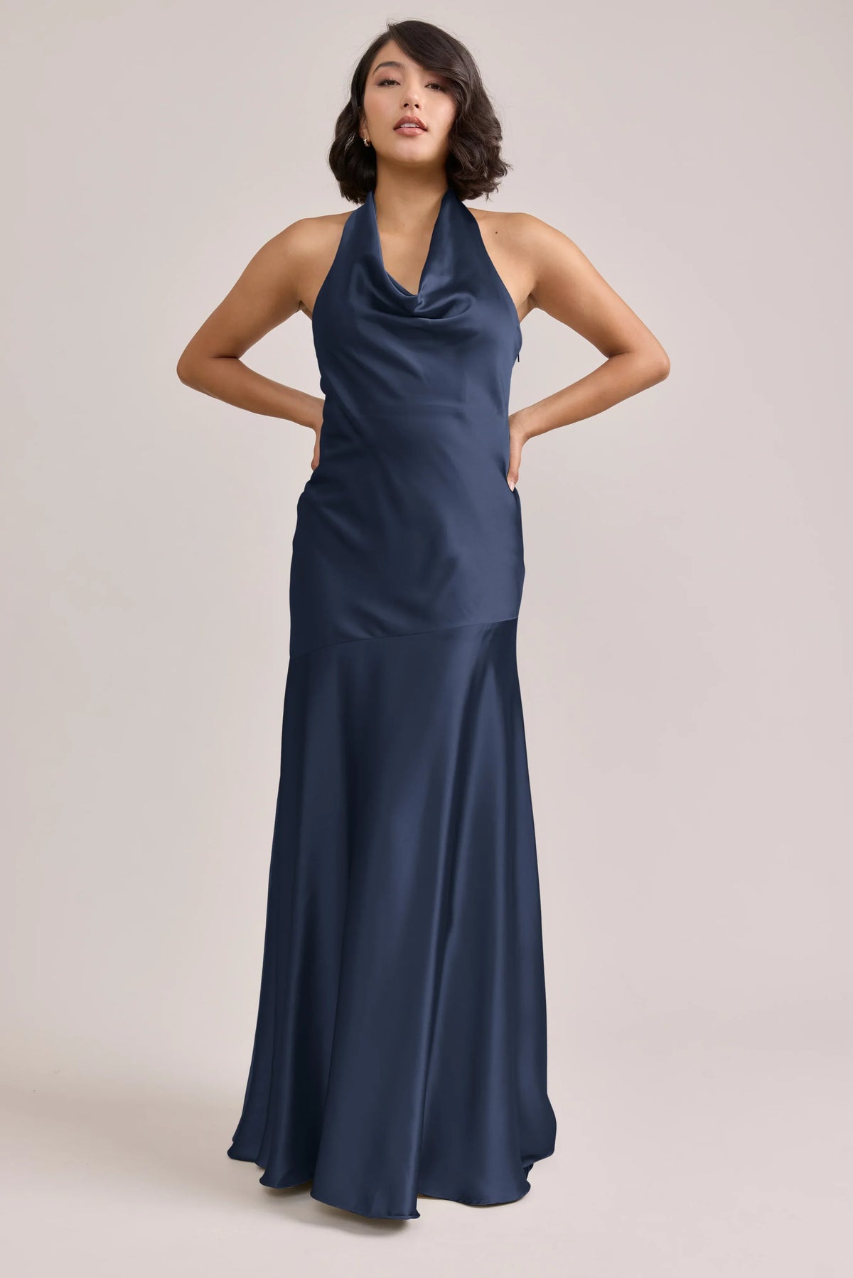 Navy Blue Mermaid Halter Satin Wedding Dress - Chloe Dress