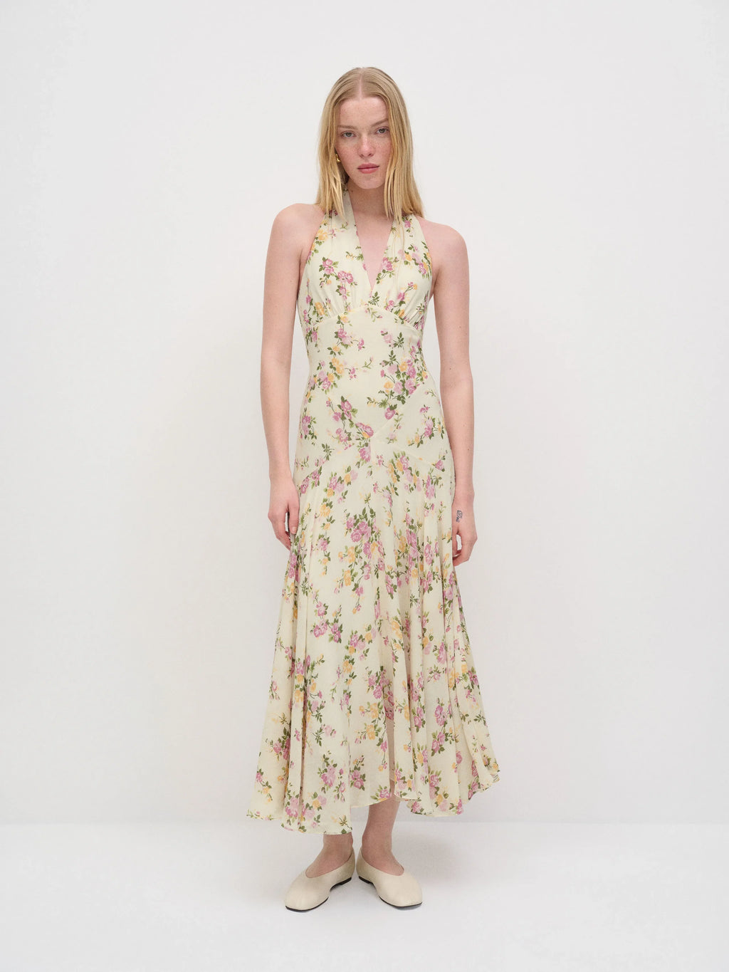 Cream Halter Chiffon Sleeveless Midi Prom Dress - Chloe Dress