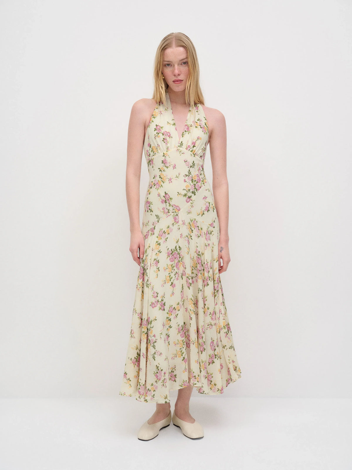 Cream Halter Chiffon Sleeveless Midi Prom Dress - Chloe Dress