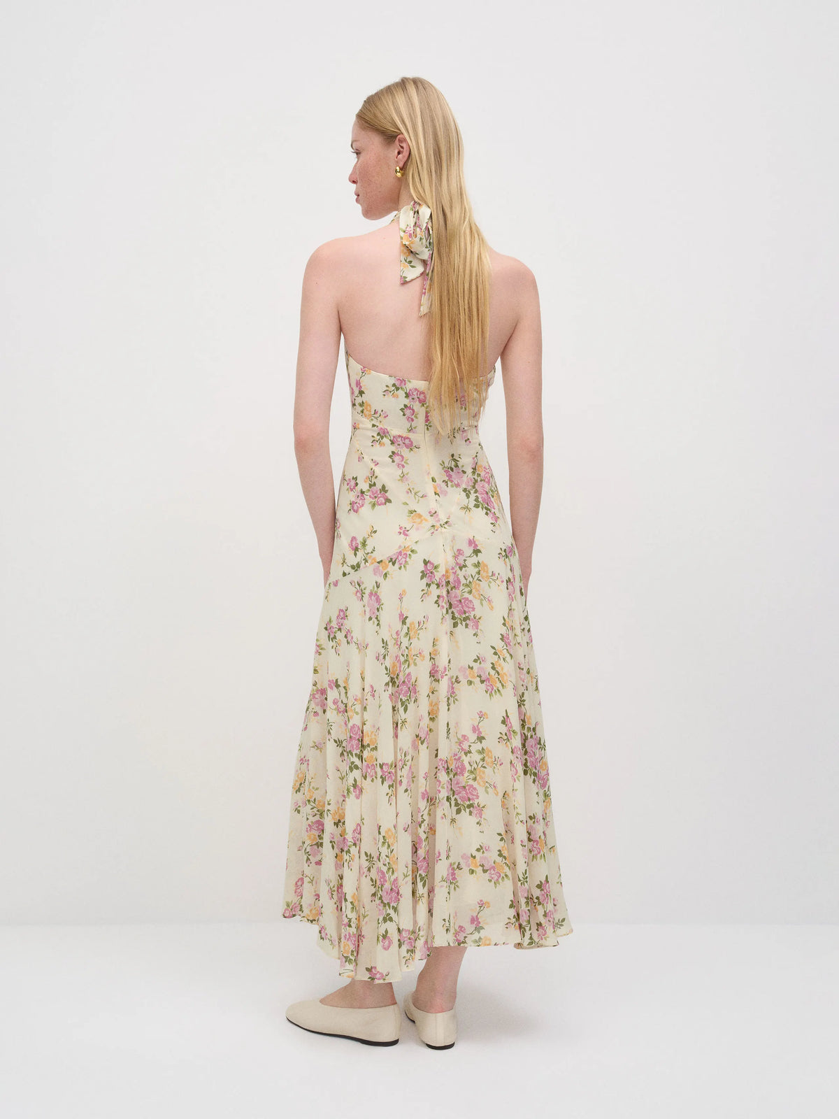 Cream Halter Chiffon Sleeveless Midi Prom Dress - Chloe Dress