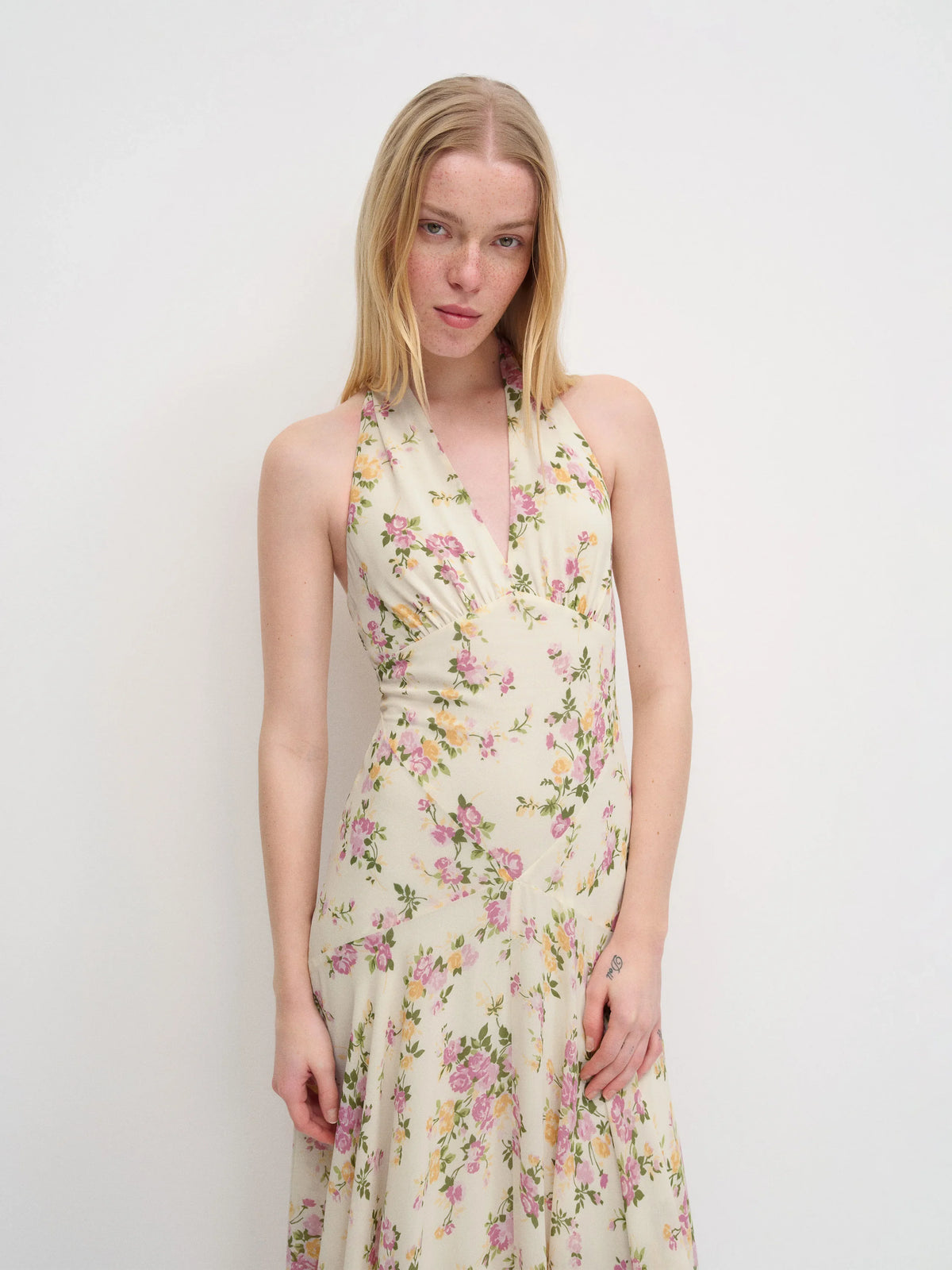 Cream Halter Chiffon Sleeveless Midi Prom Dress - Chloe Dress